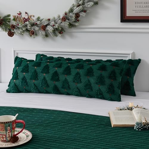 UGASA Christmas Tree 14x36 Inch Long Lumbar 1 Pack Soft Plush Faux Fur Luxury Embroidery Rectangle Cushion Case for Couch Sofa Holiday Festivals Winter Xmas Gift, Dark Green