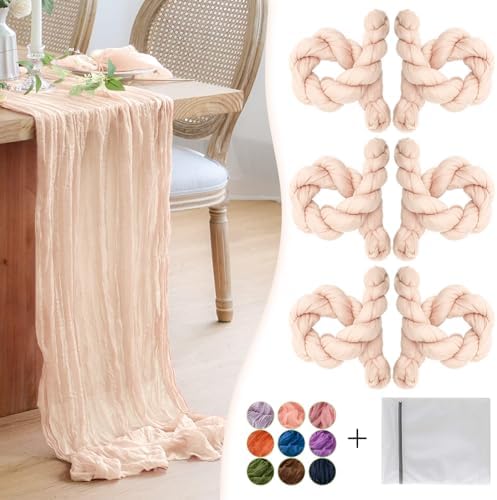Blush Pink Cheesecloth Table Runner 6 Pack 35" Boho Gauze Tablecloth 120 inches Long Runner Rustic Sheer Fabric Bulk for Baby Shower Wedding Bridal Birthday Party Table Decorations
