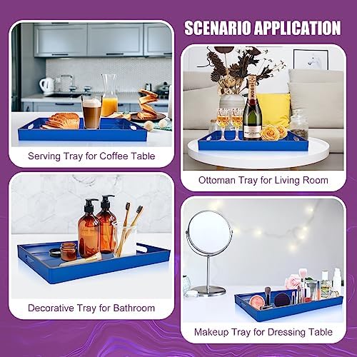 Gifturbo Blue Serving Tray,Decorative Serving Trays with Handles, Coffee Table Tray Ottoman Rectangular Plastic Tray for Living Room, Bathroom, 15.7” x 10.2” x1.37”