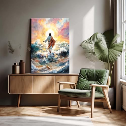 Jesus Walking On Water Wall Art Christian Prints Wall Decor Jesus Christian Canvas Painting Religious Spiritual Beliefs Prints Artwork for Church Bedroom Living Room Office Ready to Hang 16x24 Inch