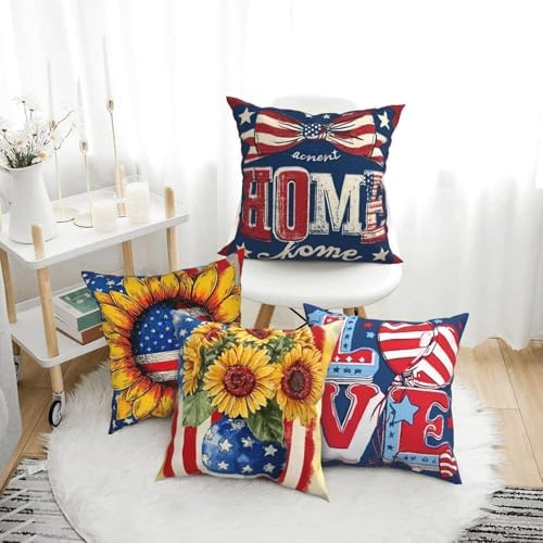 4th of July Throw Pillow Covers Set of 4 Decorative Soft Double Sided Print Pillow Case Farmhouse Home Decor for Living Room Sofa Couch 18x18