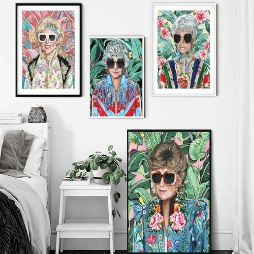 80s Artwork Fashion Golden Wall Art Girls Poster Betty White Poster For Woman Room Decor Rose Nylund With Sunglasses Canvas Prints (L24"xW16"-WoodFrame Ready to Hang) Pictures For Girl Dorm Wall Art Decor Gift