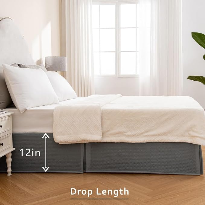 MIYE Pleated Waffle Weave Bed Skirt, Tailored Dust Ruffle 12 Inch Drop Easy Fit, Machine Washable (Dark Grey, King - 12" Drop)