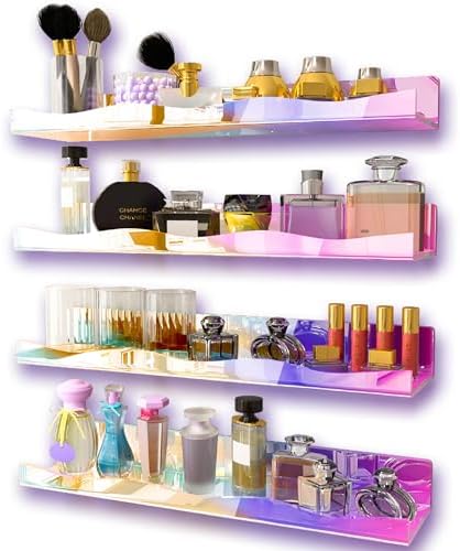 YMVV Large Iridescent Clear Acrylic Wall Mounted Floating Shelf, Perfume Organizer Shelf,Modern 15.7 IN Thickened Bathroom Storage Toy Display Organizer Decor 4 Pack