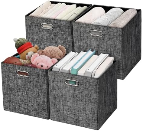 Posprica Fabric Storage Cubes,13×13×13 cube storage bins, Foldable Drawers Baskets Containers for Shelf Cabinet Bookcase,Thick and Heavy Duty (4pcs, Black)