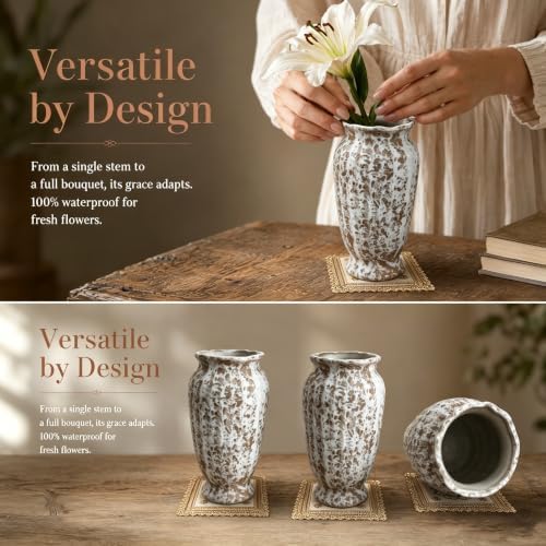 AOZITA Ceramic Flower Vase,9.3" Tall Rustic Farmhouse Vase with Ribbed Texture, Vintage Home Decor for Living Room, Kitchen, Bedroom & Office, Terracotta