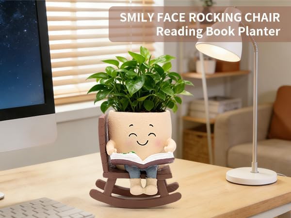 Smily Face Rocking Chair Reading Book Planter Pot for Indoor Plants