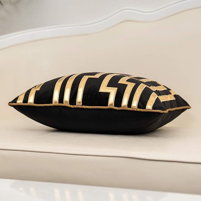 Alerfa Gold Leather Striped Black Throw Pillow Cover 18x18 Inch, Geometric Luxury Decorative Embroidered Velvet Pillow Cover for Couch Living Room Bedroom