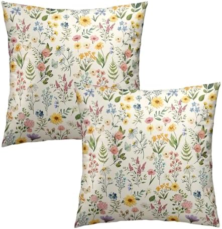 Watercolor Wildflower Pillow Covers 16x16 Inch Set of 2 Floral and Butterfly Throw Pillow Cases Spring Summer Flowers Decorative Cushion Covers for Couch Bed Sofa Home Decor