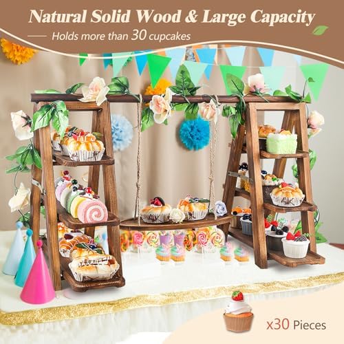 Wisreach Wooden 3 Tier Cupcake Stand with Swing and Flower Decoration Serving Removable Tray Display Serving Ladder Foldable Stand with Serving Platter Tray Party Food Display Set for Cake Snack Fruit Chips Bread Centerpieces Catering