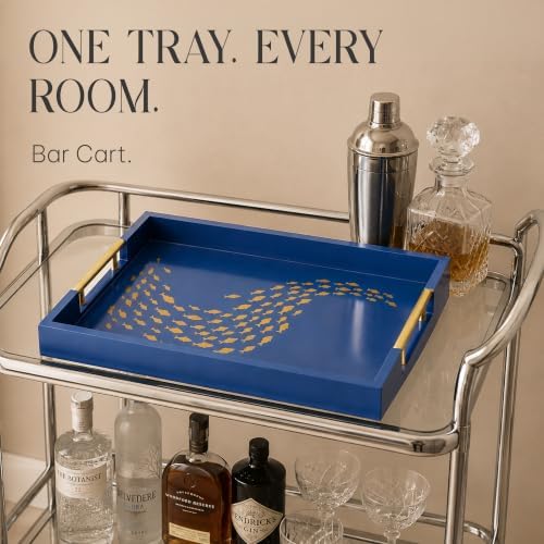 Serving Tray with Gold Fish Design, Navy by Death Decor