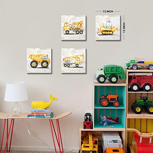 Construction Decor for Boys Room Construction Truck Pictures for Kids Room | Dump Truck Excavator Canvas Prints Vintage Car Posters Toddler Boy Room Decor Nursery Wall Art Playroom Decor 12x12" 4Pcs
