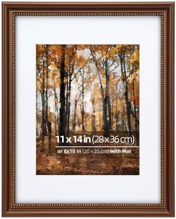 11x14 in Wood Classic Gallery Picture Frame, Ornate Beaded Inner, Matted for 8x10 Photo, Vertical or Horizontal Display, Brushed Brown Brass