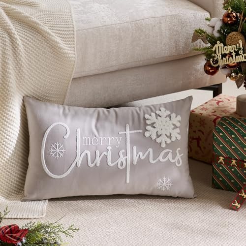Merry Christmas Pillow Covers 12x20 Inch Embroidery Snowflake Xmas Decorative Lumbar Throw Pillow Cover Winter Holiday Pillow Case Cushion Cases for Sofa Couch Living Room Decorations Gray