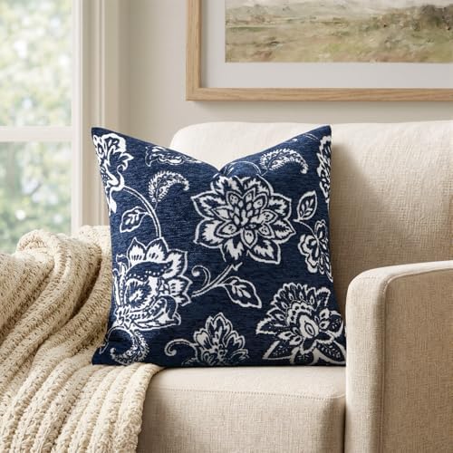 Set of 2 Chenille Floral Pillow Covers 18x18 Inch Navy Blue