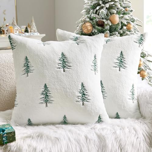 MIULEE Christmas Decorative Faux Fur Pillow Covers 20x20 Inch White Green