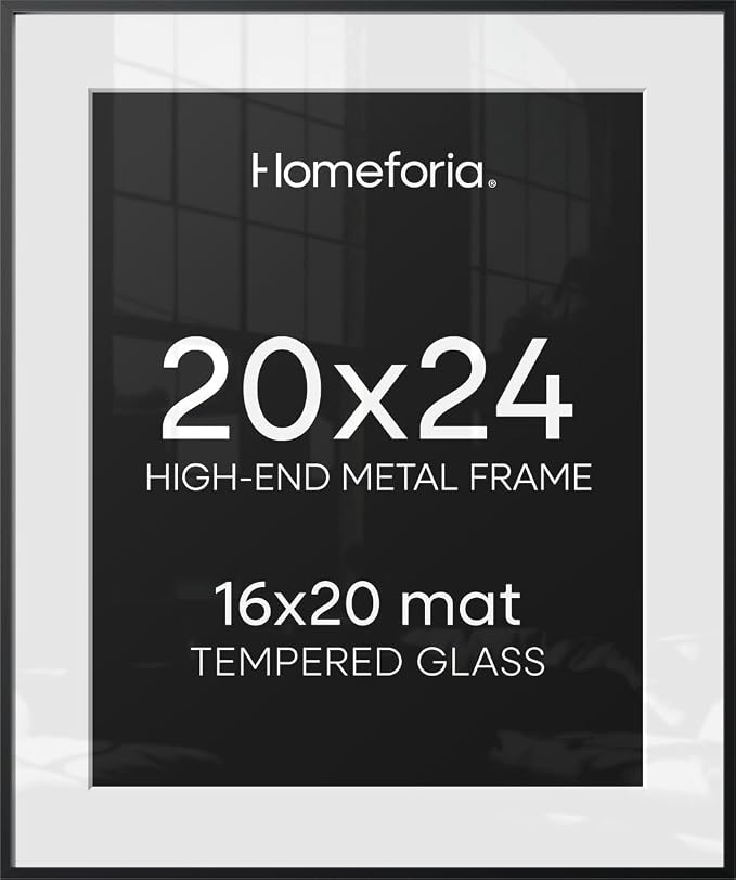 Homeforia 20x24 Black Picture Frame, High-End Metal, 16x20 Mat, Glass