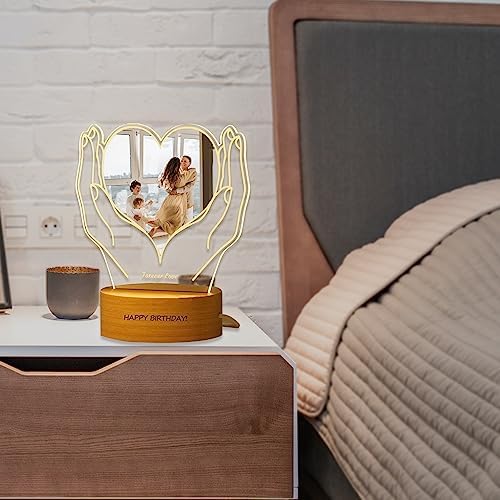 FolHaoth Personalized Photo Acrylic Sign Plaque Gifts for Anniversary Valentines Birthday Customizable LED Night Light Wooden Base Lamps Desk Bedroom Decor Signs