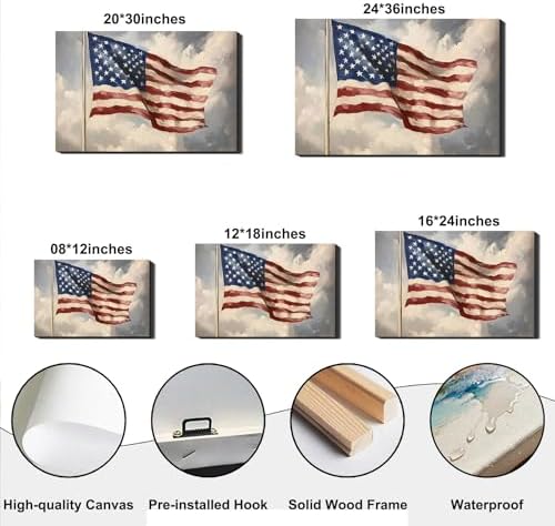Vintage American Flag Framed Canvas Wall Art 8x12in, Patriotic Oil Painting Canvas Print, 4th of July Independence Day Wall Decor for Living Room, Bedroom, Office, Made in USA