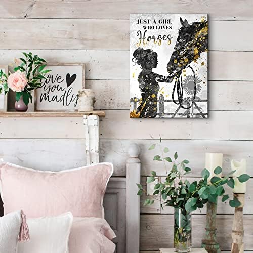 Rustic Religious Horse Wall Art Horse with Girl Picture Inspirational Painting Horse Gifts for Girls Framed Modern Artwork for Girls Bedroom Home Decor 16x20 inch