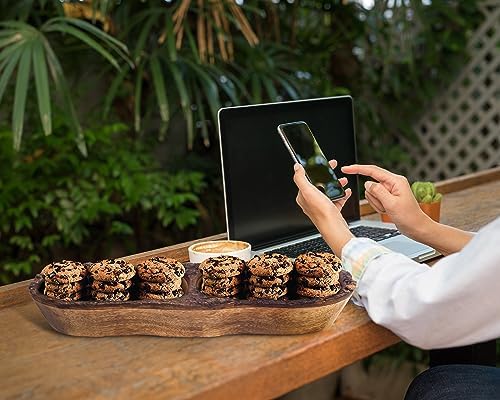 Natural Wooden Tray, Serving Bowl for Salad, Veggies and Fruits, Large Deep Tray for Family, Party (Bark Edge with Two Compartments)