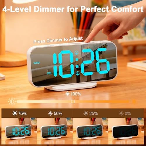 ALANAS Slim Digital Alarm Clock, Big Mirror Display with Dual USB Charger Ports, Dual Alarms, Snooze, 4-Level Adjustable Dimmer, for Bedroom, Office, Desk, Dorm, College Students, Home (Blue)