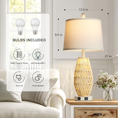 CINSARY 27“ Beige Rattan Table Lamps with Night Light, Boho Bedside Lamps Set of 2, Woven Wicker Bedroom Lamp for Nightstand with USB A+C Charging Port & AC Outlet, Tall Coastal Living Room Lamp