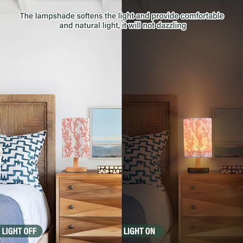 Table Lamp Red Coral Pattern Tropical Ocean Plant Design Nightstand Lamp with Wood Base Fabric Lamp Shade Bedside Desk Lamp for Living Room Bedroom Kids Room Office