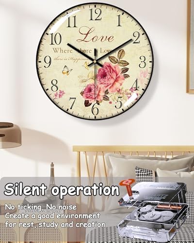 Decorative Wall Clock Battery Operated, 12-Inch Retro Vintage Floral Butterfly Pattern, Glass Dial, Silent Non-Ticking, Roman Numerals, for Living Room Bedroom Office