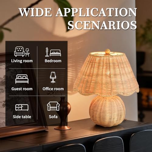 Rattan Small Bedside Mini Table Lamp for Bedroom,Boho Bedroom Lamps for Nightstand, Wicker Mini Table Lamps for Small Spaces with Scalloped Shade for Kitchen Counter, Bookshelf, Kids Dorm, Office