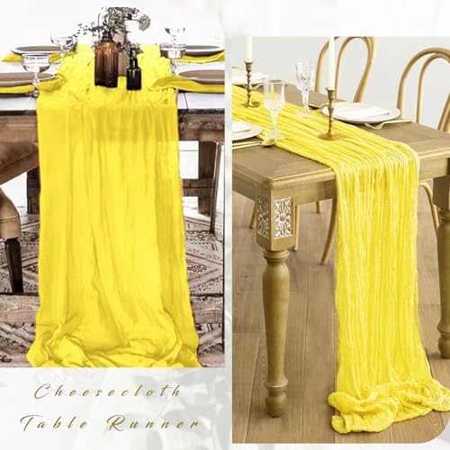 Yellow 6 Pieces Cheesecloth Table Runner 10FT Runner for Tables Gauze Fabric Boho Table Runner Decoration Rustic Sheer Runner for Wedding Shower Birthday Party Table Arbor Decor (35 x 120 Inches Long)
