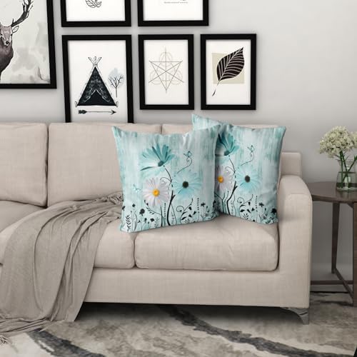 Giwawa 2PCs Teal Daisy Pillow Covers- 20"x20" Rustic Turquoise Floral Double Sided Square Pillowcases- Farmhouse Flower Butterfly Throw Cushion Cover for Sofa Porch Patio Outdoor Decor