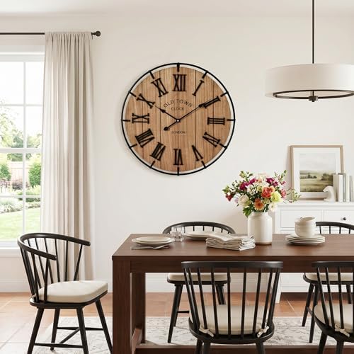 EMAX HOME 24 Inch Large Farmhouse Wall Clock, Natural Wood Grain Face with Black Metal Frame, Silent Non-Ticking Quartz Movement, Vintage Wall Decor for Living Room, Bedroom, Dining Room