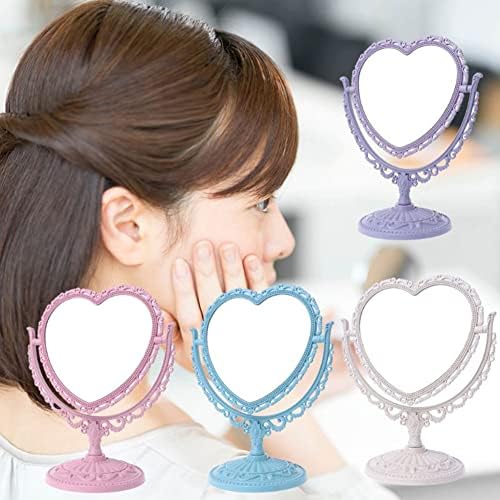 AKOAK Heart-Shaped Cosmetic Mirror - Plastic, Double-Sided, Rotatable, Lightweight Tabletop Mirror for Bathroom & Bedroom (Blue)