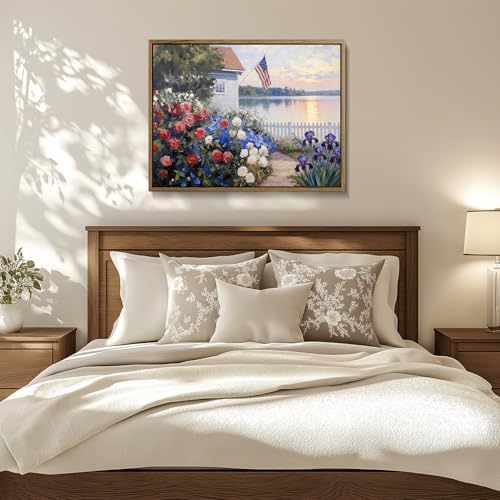 American Flag Framed Canvas Wall Art, 4th of July Patriotic Canvas Prints | Summer Cottage Landscape Poster Print, Vintage Independence Day Wall Decor for Bedroom Living Room 24×32in