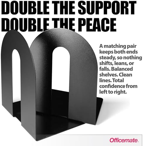 Officemate Heavy Weighted Metal Bookends Set of 2, 10-Inch Steel Book Ends for Shelves, Non-Skid Base Book Supports for Books, Binders, and Office Organization, Black