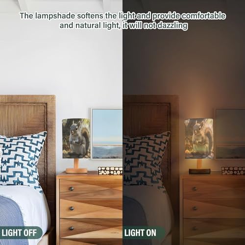 Squirrel in Forest Table Lamp with Wood Base Fabric Lamp Shade Bedside Nightstand Desk Lamp for Living Room Bedroom Kids Room Office
