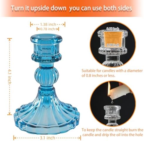 Bule Glass Candlestick Holders, Taper Candle Holders, Set of 6