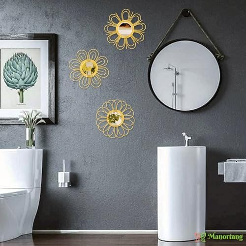Gold Mirrors 3 Piece, 9 inch Flower-Indoor Shaped Mirror Hanging Wall Decor | Indoor Decorative Mirror Wall Art,Round Mirrors for Bedroom Wall Hanging,Living Room,Bathroom,House Warming Festival Gifts