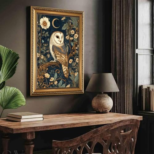Vintage Gold Framed Owl Wall Art Dark Academia Canvas Art Prints | Dark Botanical Pictures Forest Animal Paintings Wall Decor Artwork for Living Room Bedroom 16x24in