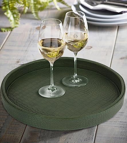 HofferRuffer Faux Leather Round Serving Tray, Vegan Croco Leather Decorative Tray, Food Tray for Storage Drinks, Snack & Cosmetics, Dia.12'' x 1.6'' (Green)