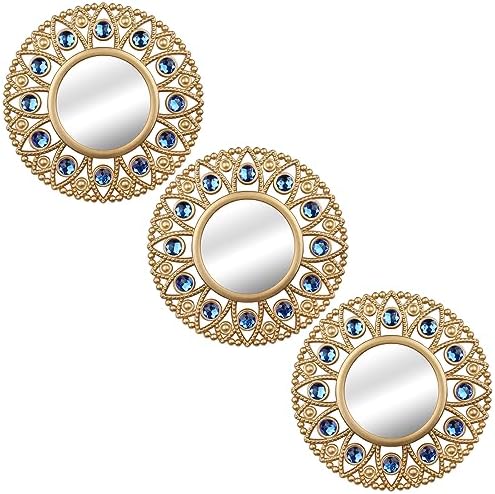 DXYAKY Gold Round Decorative Wall Mirrors Set of 3, Lightweight Plastic Framed Mirrors with Blue Crystal Accents, 9.8 Inch Vintage Boho Wall Decor for Livingroom, Bedroom, Entryway
