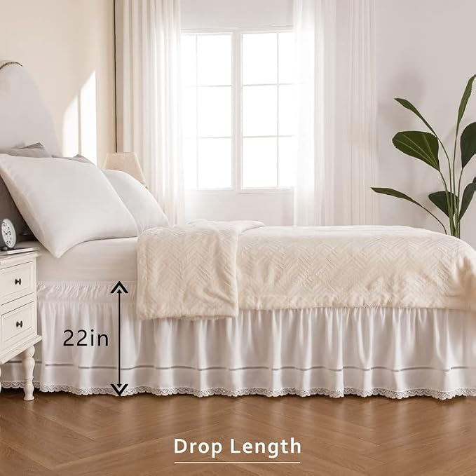 MIYE Wrap Around Ruffled Lace Bed Skirt, Elastic Dust Ruffle with Adjustable Belts, Easy to Put On, Bed Frame Cover, Machine Washable (Floral Lace/White, Full/Twin-22 Drop)