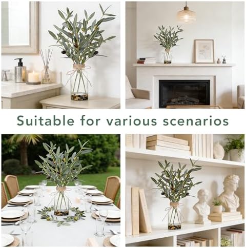 Artificial Olive Branches in Glass Vase, 15.74-in Faux Greenery