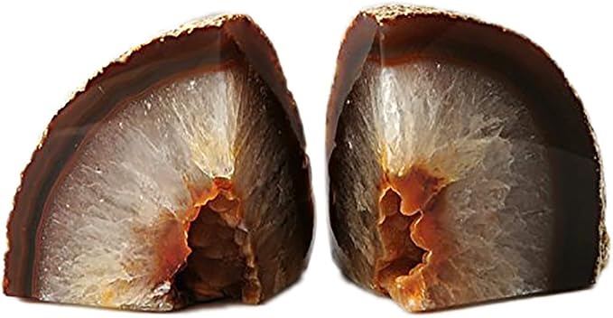 AMOYSTONE Geode Bookends Agate Shelve Decor Crystal Book Ends for Heavy Books Nature Brown with Rubber Bumper(1 Pair, 3-4 LBS) | Polished Stone Book Stoppers Supports Home Office Decor with Rubber Bumpers Natural Brown 1 Pair, 3-4 LBS