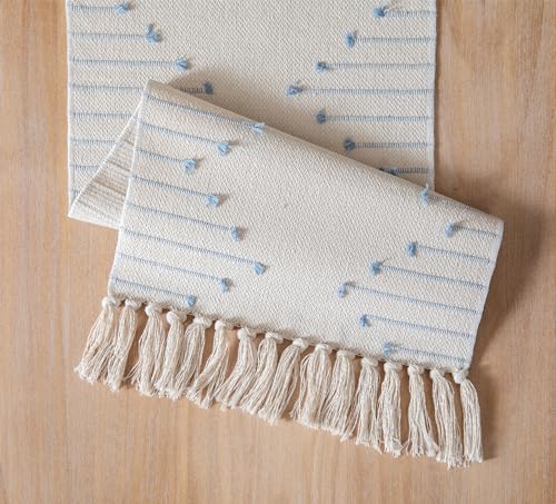 Boho Table Runner 13 x 108 Inch Long Natural Cotton Woven Runner with Tassels for Home Dining Table décor, for Modern Farmhouse Decor Coffee Table Runner, Light Blue and Beige