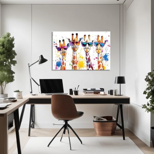Giraffe Canvas Wall Art Giraffe Family with Glasses Picture Graffiti Painting Animal Prints Modern Artwork for Living Room Bedroom Nursery Wall Decor Framed(Giraffe-14,12.00"x18.00")