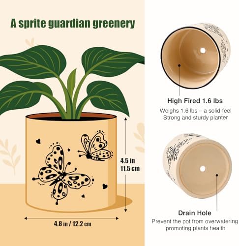 STHIE 5 Inch Ceramic Plant Pots for Indoor Plant with Drainage, Butterfly