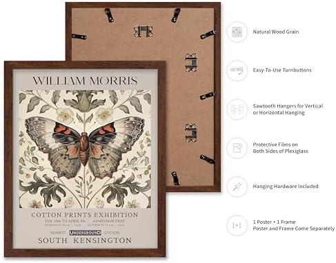 Poster Master William Morris Poster - Butterfly Print - Moth Illustration - Botanical Art - Flower Art - Exhibition Illustration - Animal Illustration - Floral Painting - Aesthetic Office or Bedroom Decor - 16x20 Brown Framed