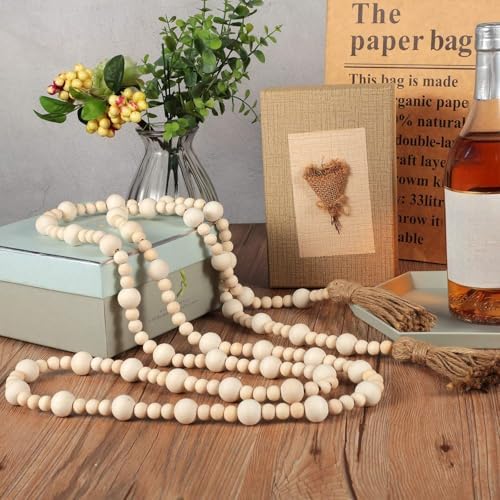 Jetec 7.9 Feet Wood Beaded Garlands with Tassels Christmas Hanging Ornaments Boho Farmhouse Decor Xmas Rustic Wooden Beads Garland for Christmas Table Wall Hanging Decor(Wood Color)
